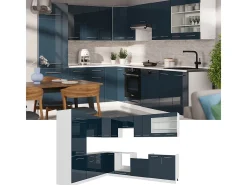 Cocina esquinera azul oscuro alto brillo/blanco 287x60x81.6 fame-line