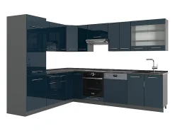 Cocina esquinera azul oscuro alto brillo/antracita 287x46x81.6 fame-line