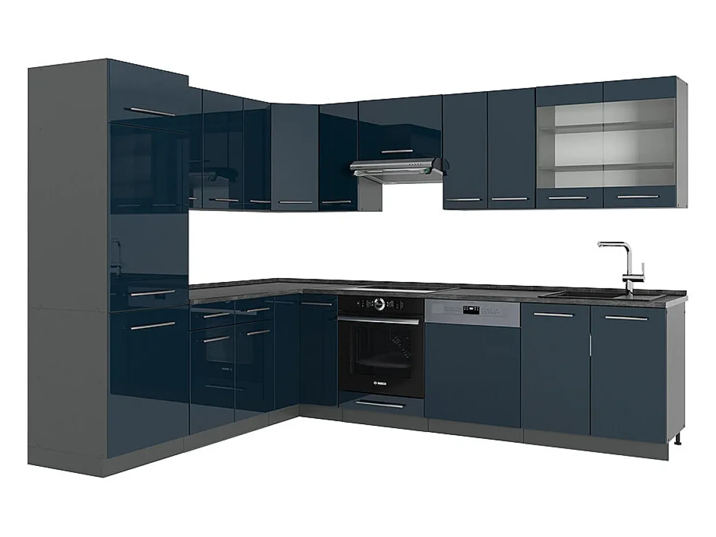 Cocina esquinera azul oscuro alto brillo/antracita 287x46x81.6 fame-line