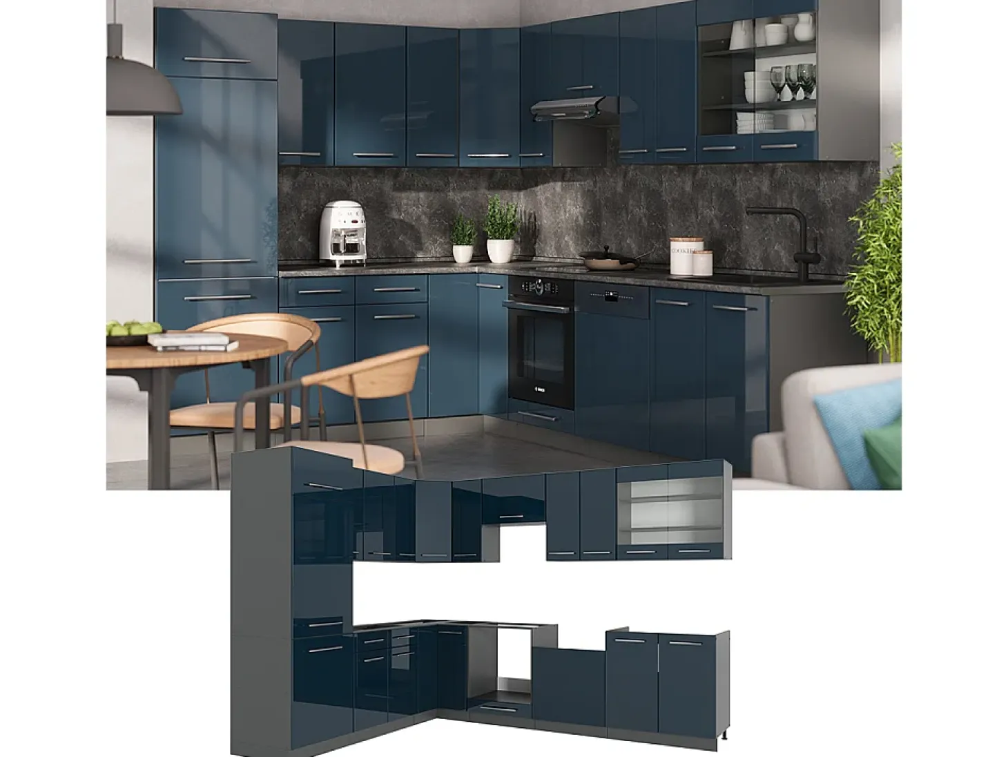 Cocina esquinera azul oscuro alto brillo/antracita 287x46x81.6 fame-line