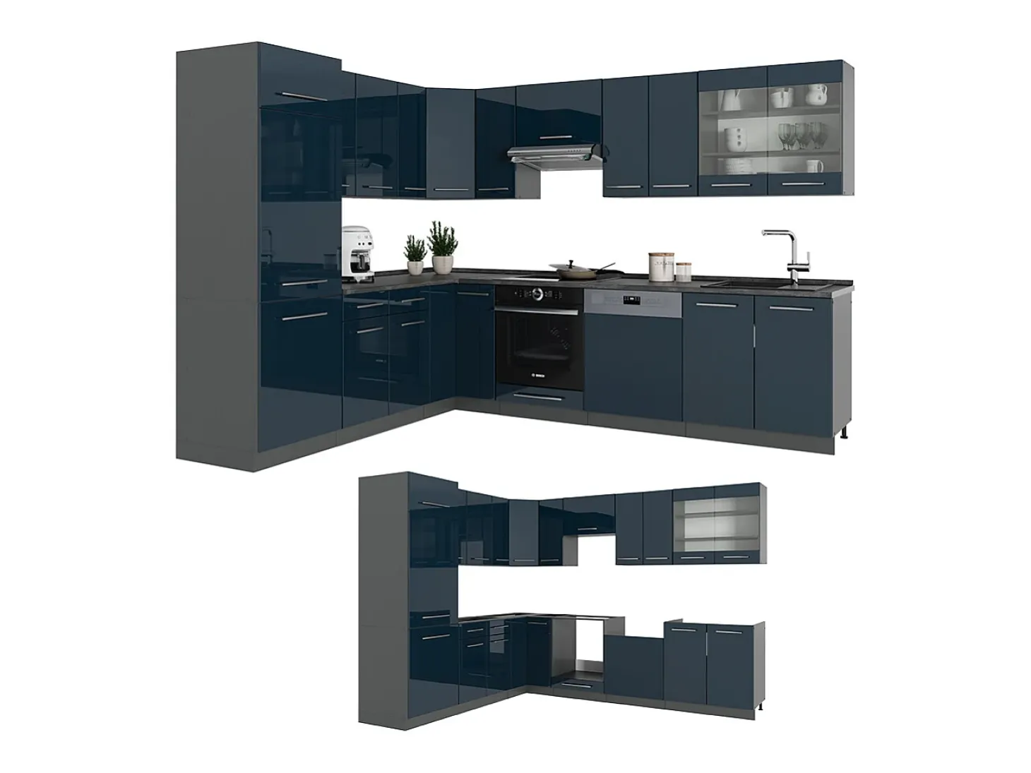 Cocina esquinera azul oscuro alto brillo/antracita 287x46x81.6 fame-line
