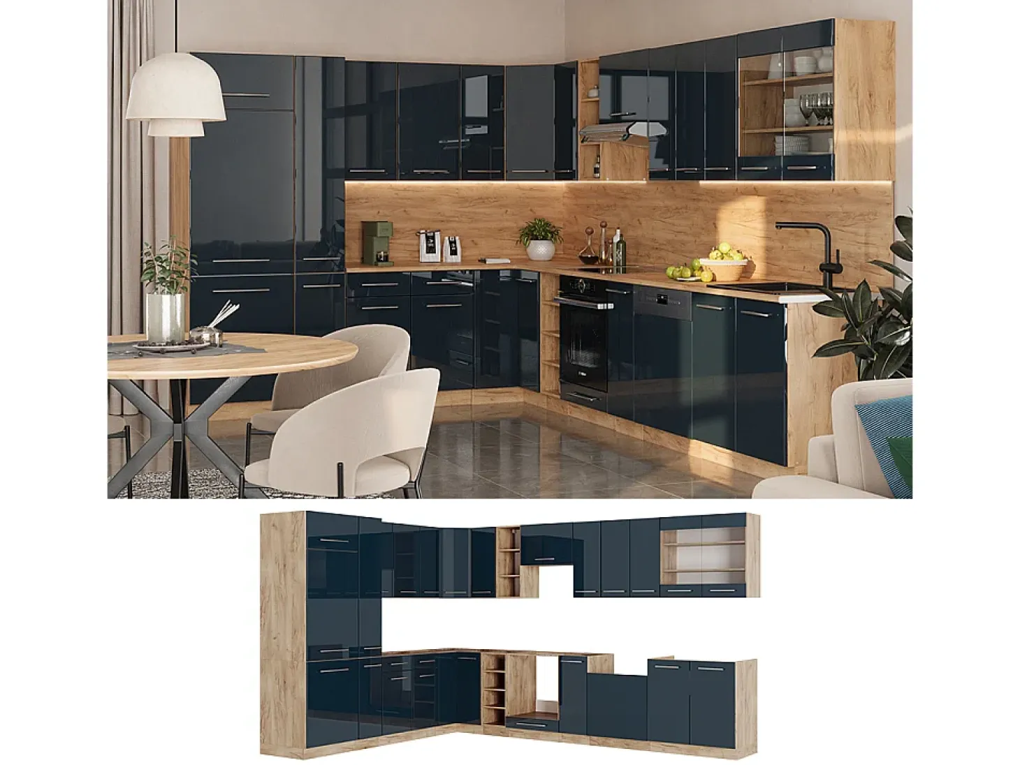 Cocina esquinera azul oscuro alto brillo/roble dorado 347x60x81.6 fame-line