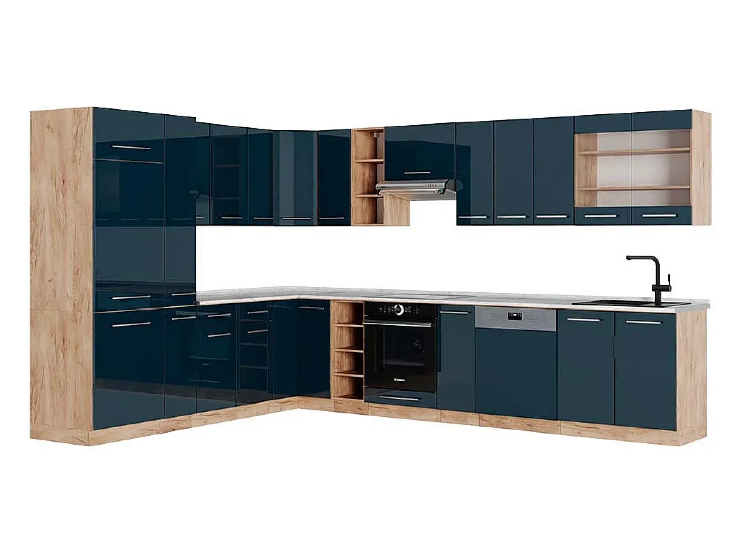 Cocina esquinera azul oscuro alto brillo/roble dorado 347x60x81.6 fame-line