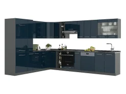 Cocina esquinera azul oscuro alto brillo/antracita 347x46x81.6 fame-line