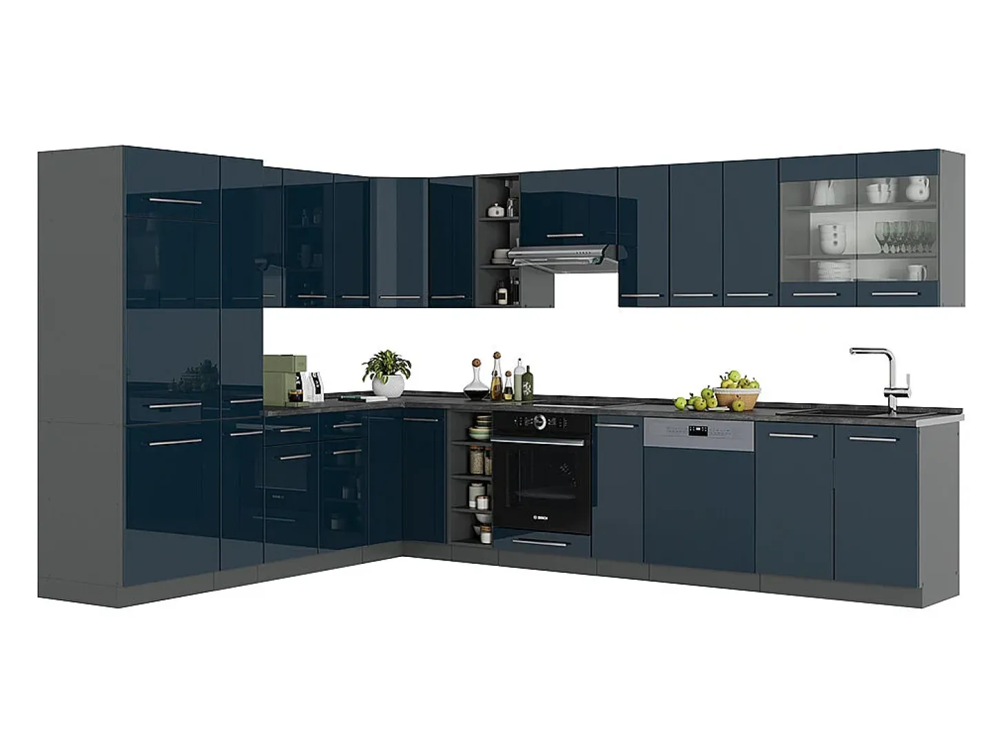 Cocina esquinera azul oscuro alto brillo/antracita 347x46x81.6 fame-line