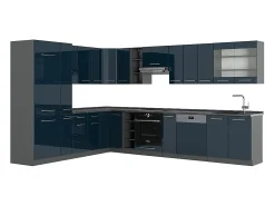 Cocina esquinera azul oscuro alto brillo/antracita 347x46x81.6 fame-line