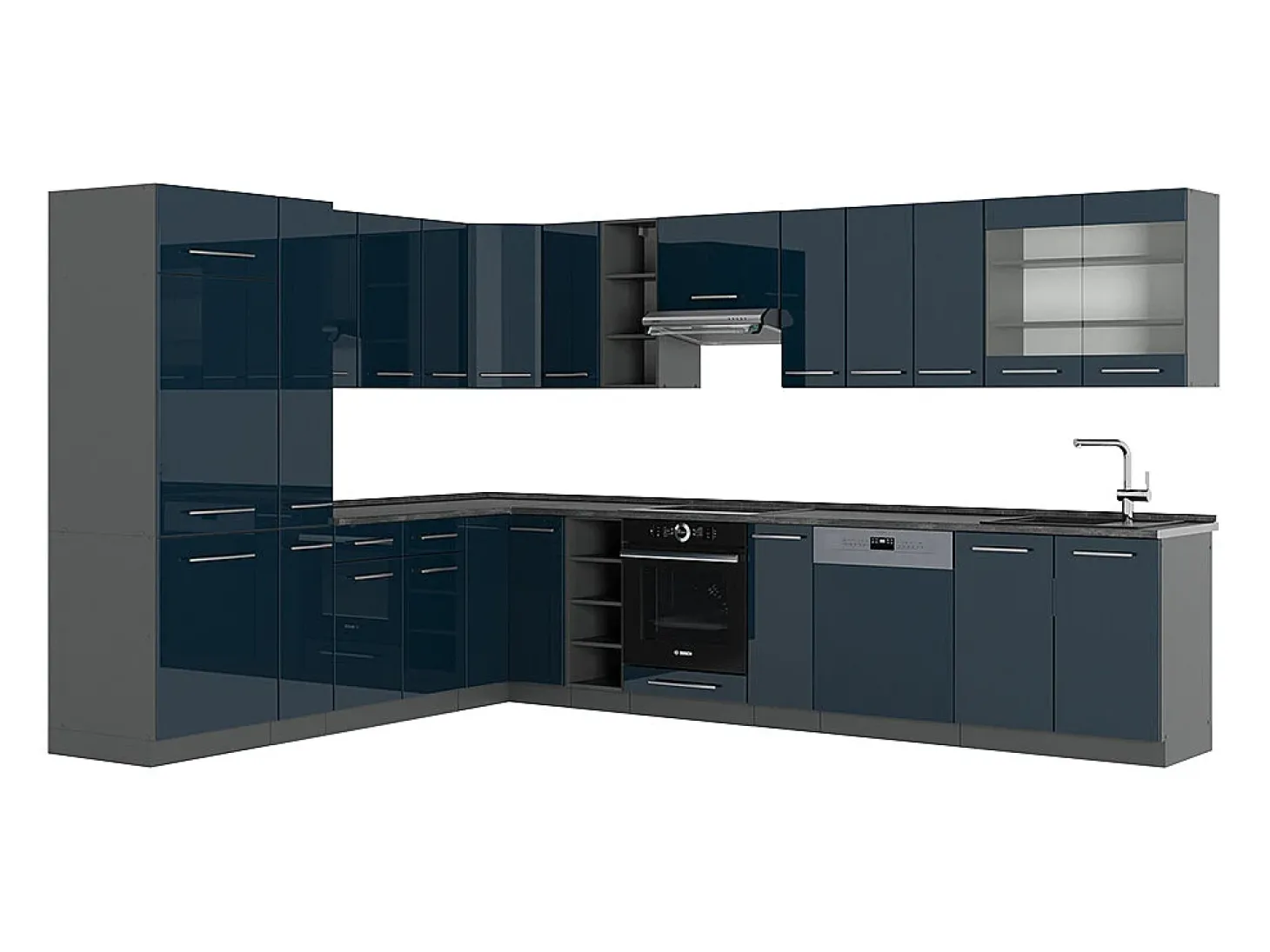 Cocina esquinera azul oscuro alto brillo/antracita 347x46x81.6 fame-line