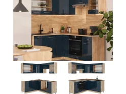 Cocina esquinera azul oscuro alto brillo/roble dorado 190x60x81.6 fame-line