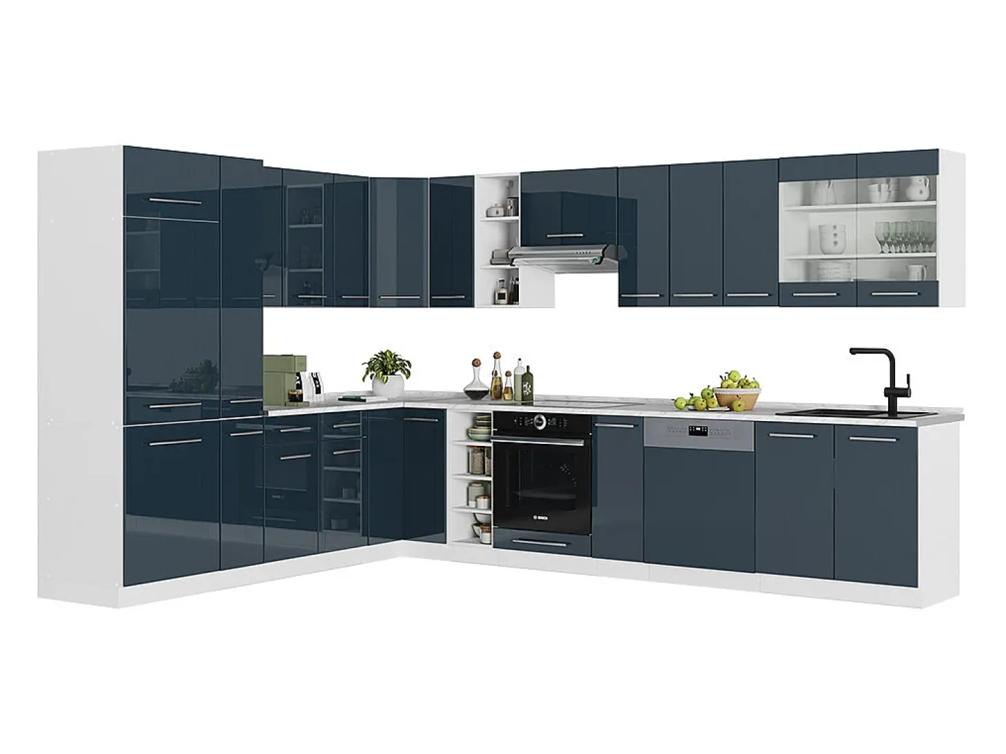 Cocina esquinera azul oscuro alto brillo/blanco 347x60x81.6 fame-line