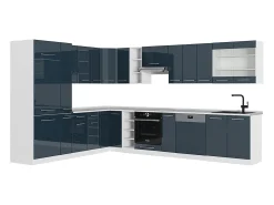 Cocina esquinera azul oscuro alto brillo/blanco 347x60x81.6 fame-line