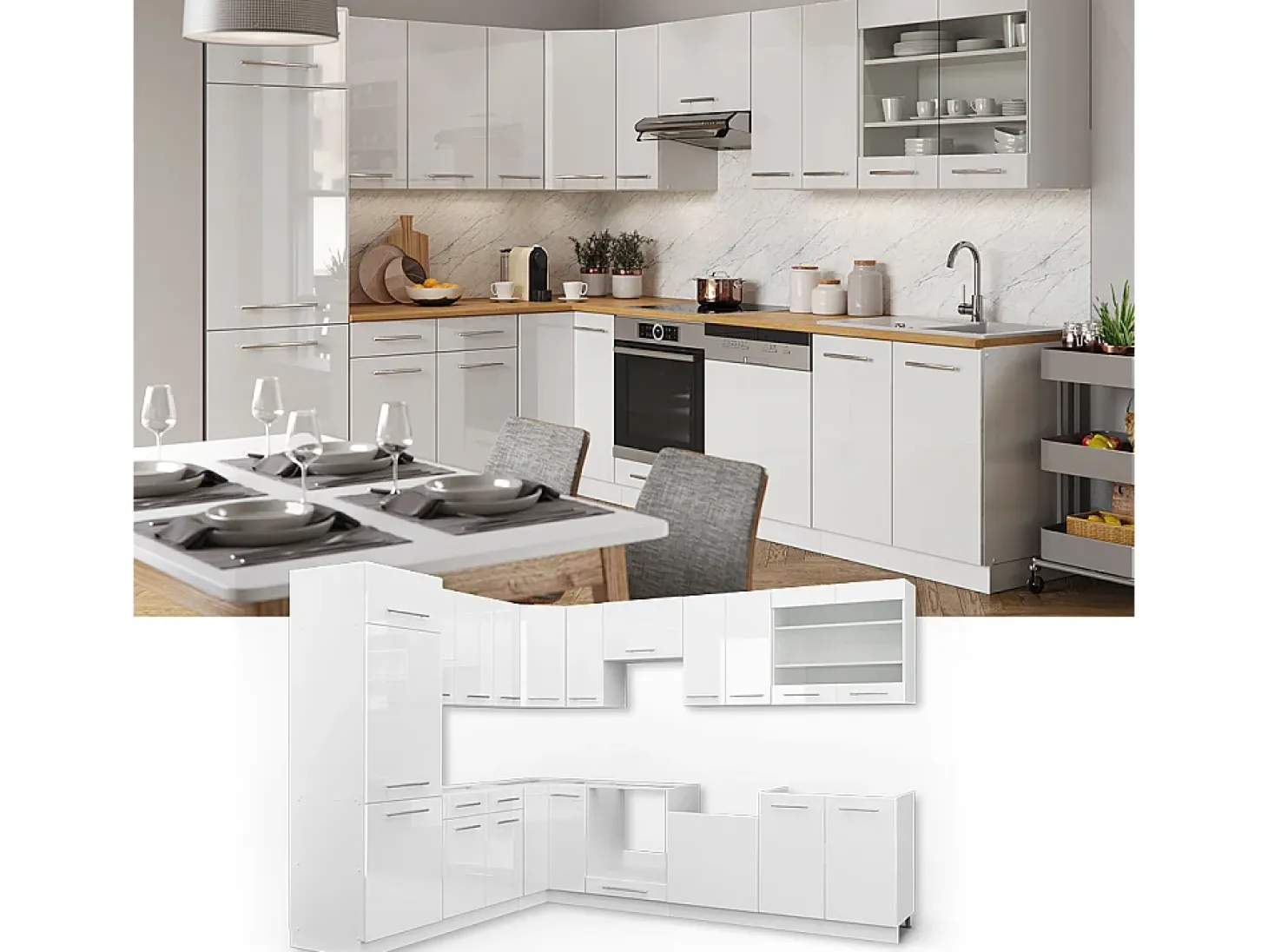 Cocina esquinera blanco alto brillo/blanco 287x46x81.6 fame-line