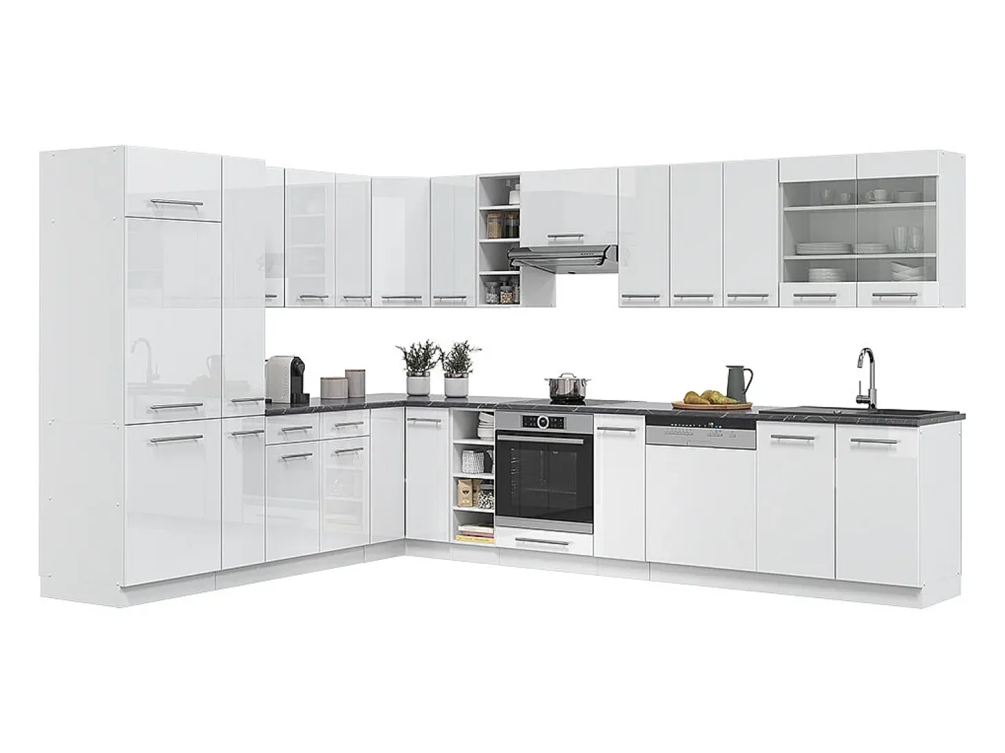 Cocina esquinera blanco alto brillo/blanco 347x60x81.6 fame-line