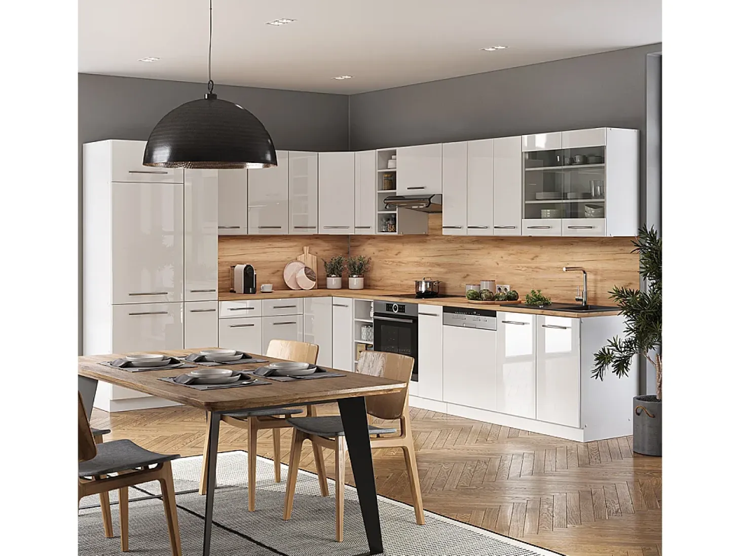 Cocina esquinera blanco alto brillo/blanco 347x60x81.6 fame-line