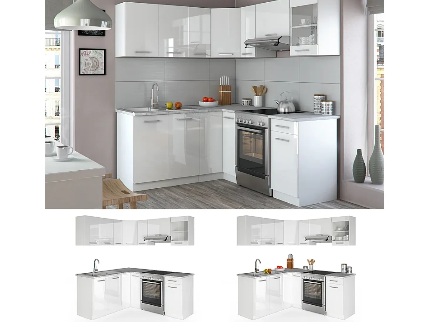 Cocina esquinera blanco alto brillo/blanco 187x60x81.6 rick