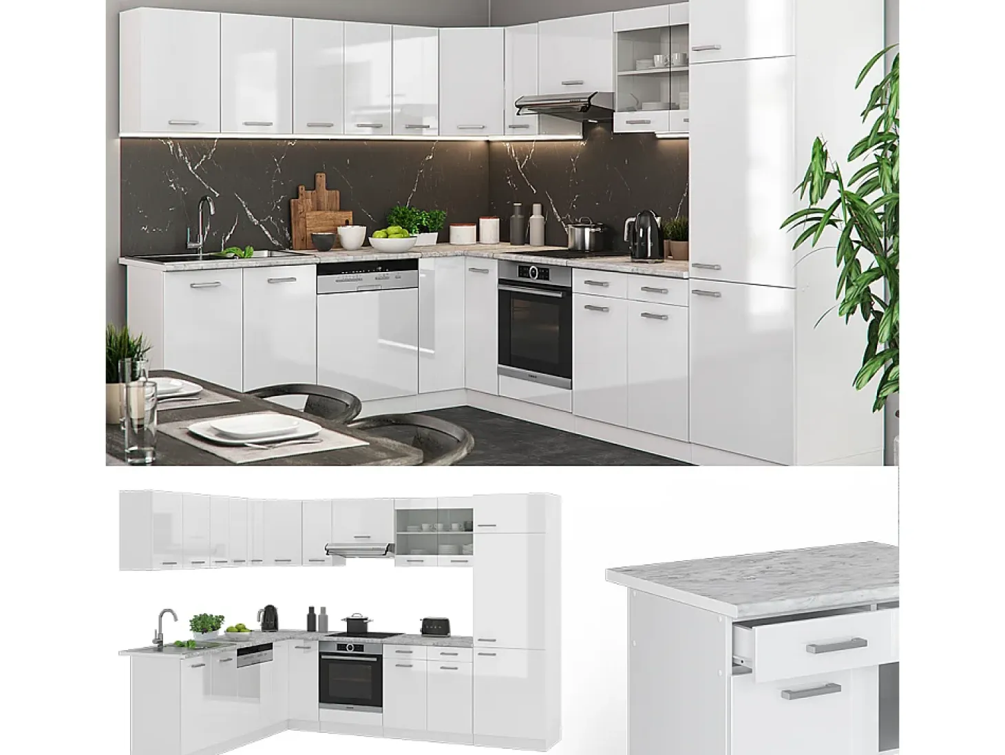 Cocina esquinera blanco alto brillo/blanco 287x46x81.6 r-line