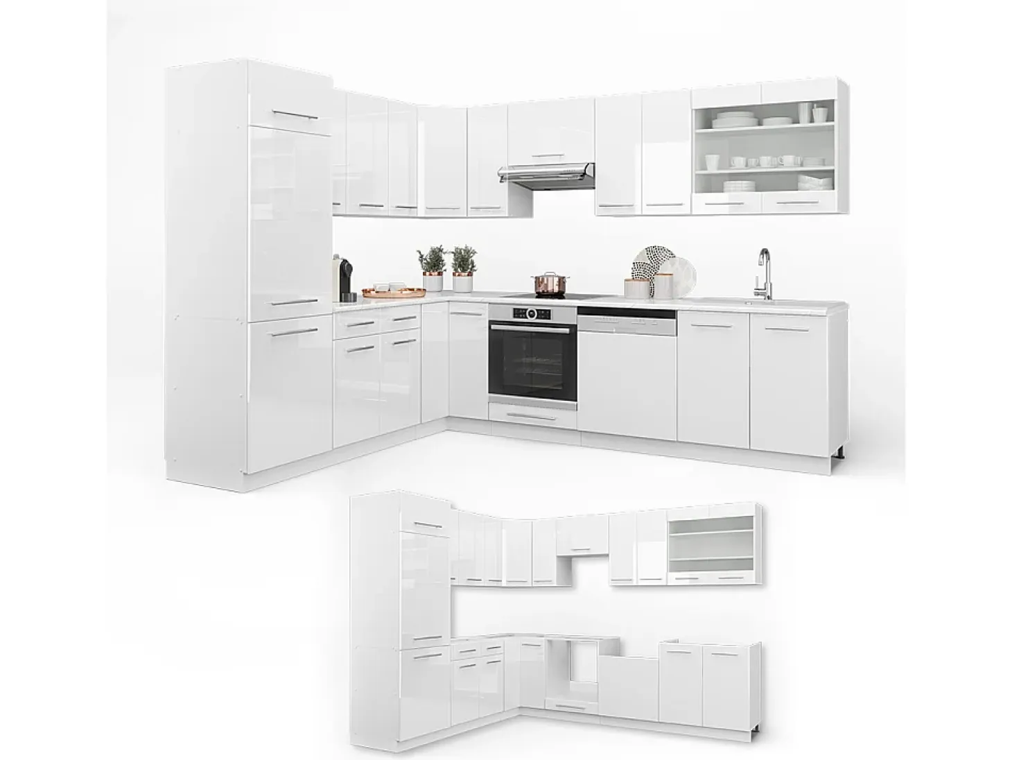 Cocina esquinera blanco alto brillo/blanco 287x60x81.6 fame-line