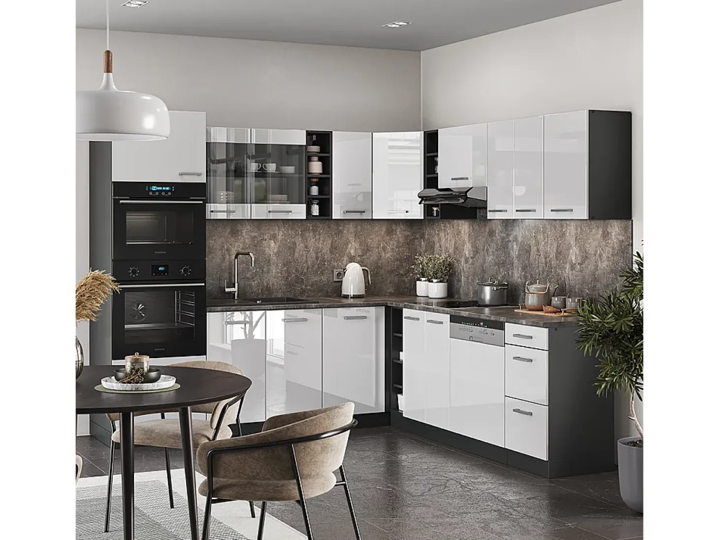 Cocina esquinera blanco brillo/antracita 247x60x81.6 r-line