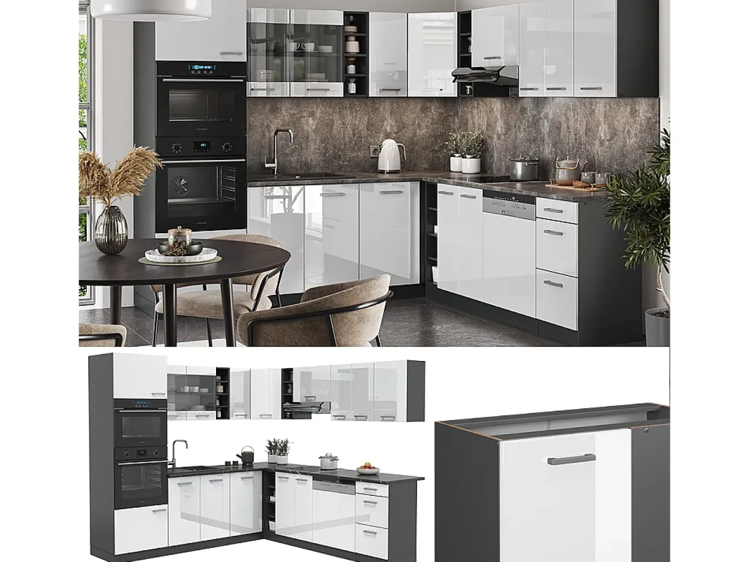 Cocina esquinera blanco brillo/antracita 247x46x81.6 r-line