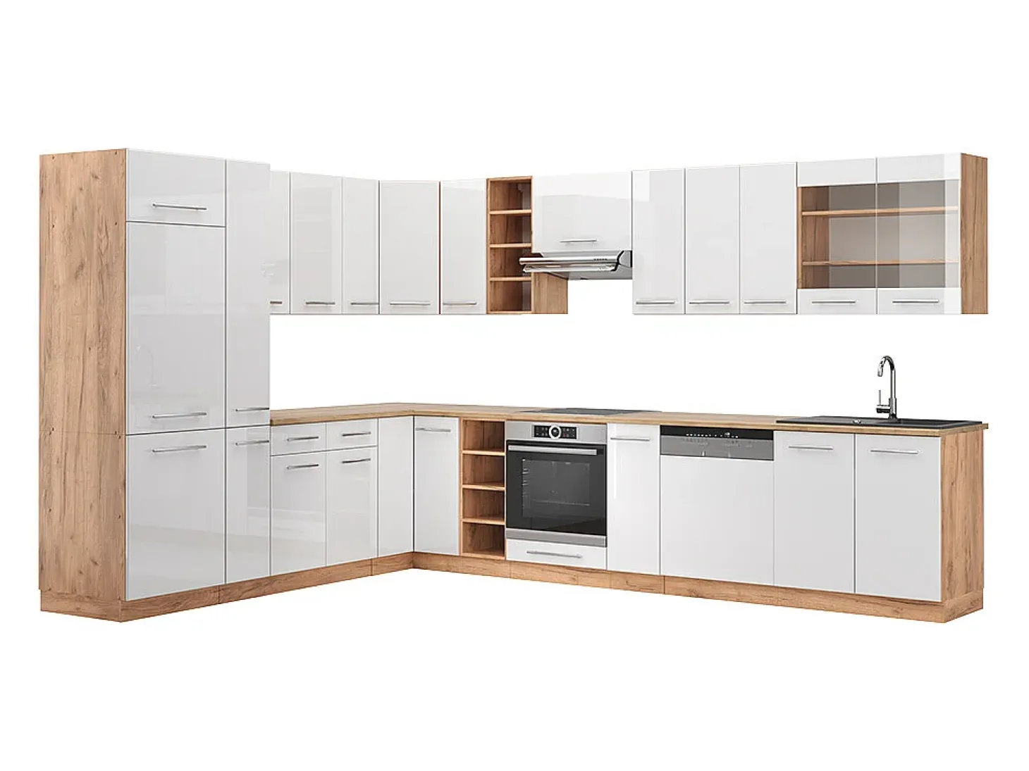 Cocina esquinera blanco brillo intenso/roble dorado 347x46x81.6 fame-line