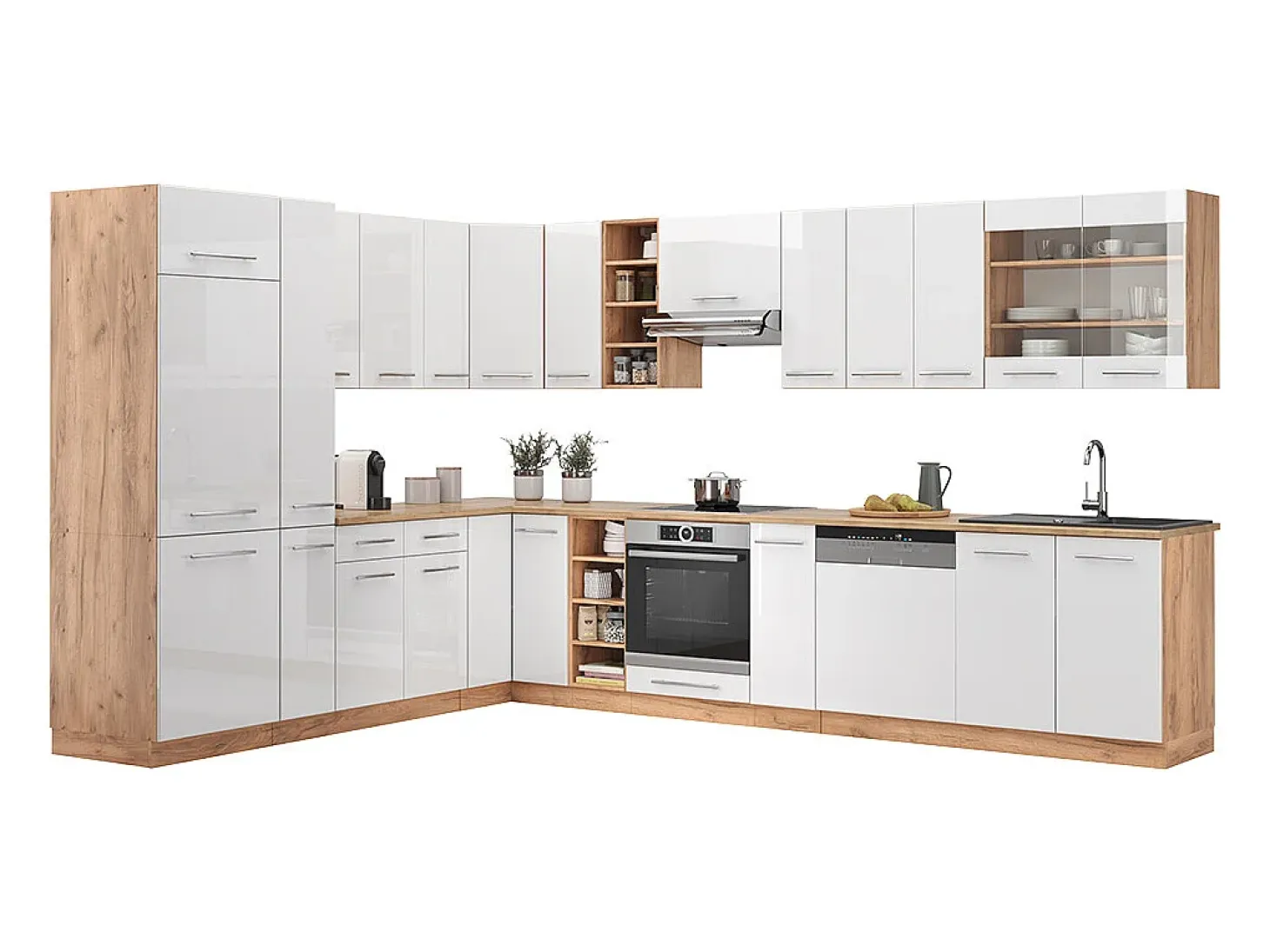 Cocina esquinera blanco brillo intenso/roble dorado 347x46x81.6 fame-line