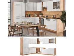 Cocina esquinera blanco brillo intenso/roble dorado 347x46x81.6 fame-line