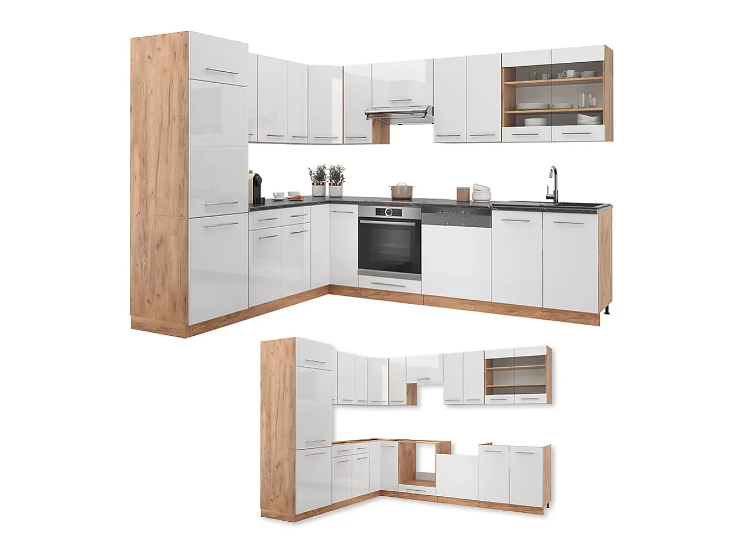 Cocina esquinera blanco brillo intenso/roble dorado 227x60x81.6 fame-line