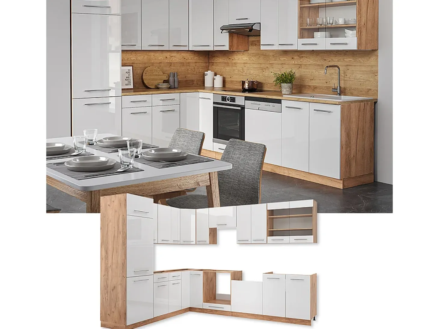 Cocina esquinera blanco brillo intenso/roble dorado 227x60x81.6 fame-line