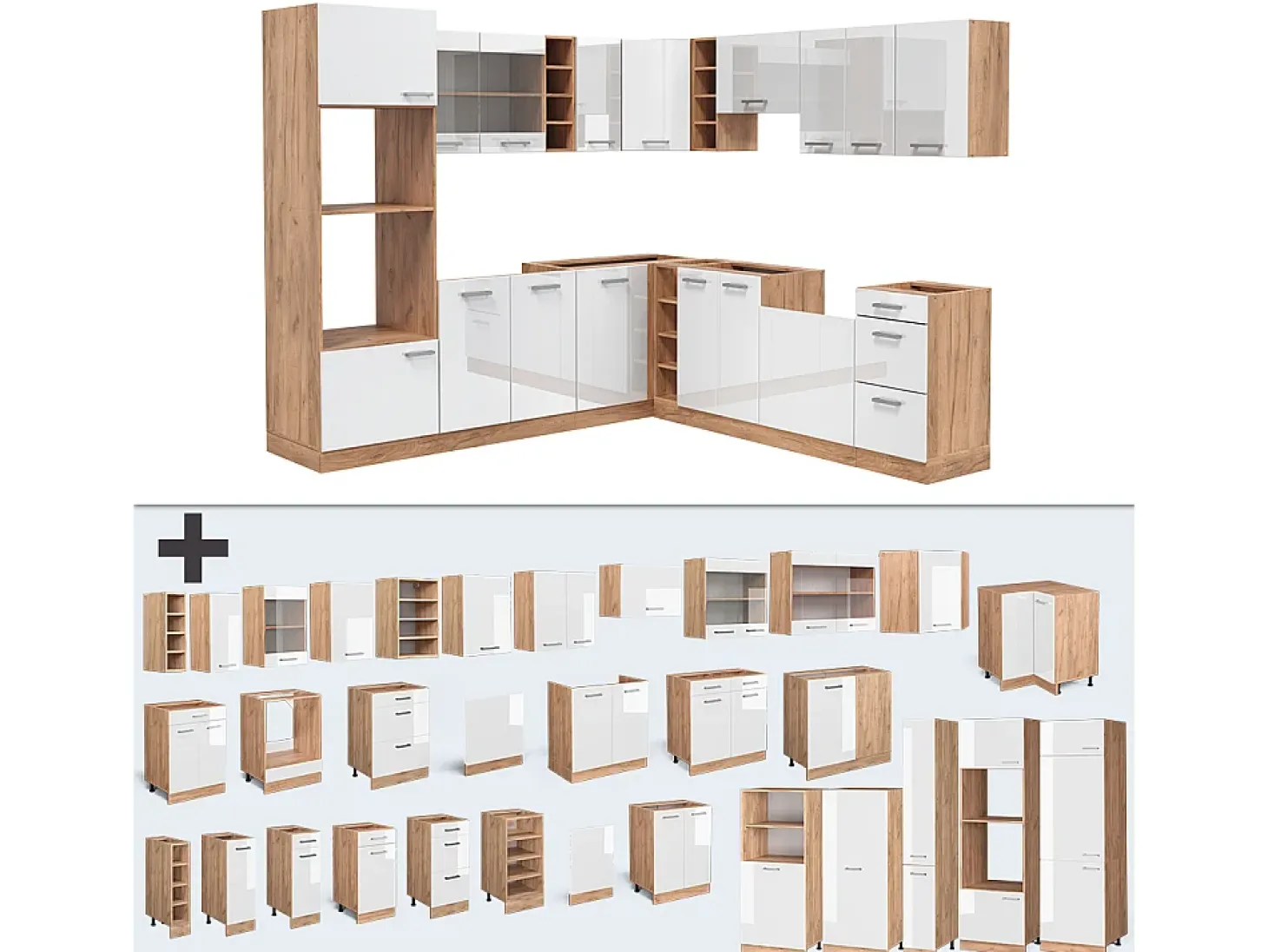 Cocina esquinera blanco brillo intenso/roble dorado 247x60x81.6 r-line