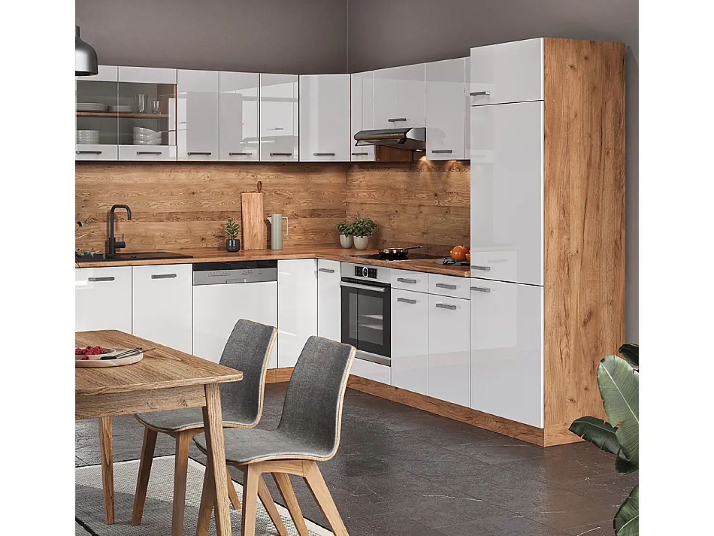 Cocina esquinera blanco brillo intenso/roble dorado 287x60x81.6 r-line