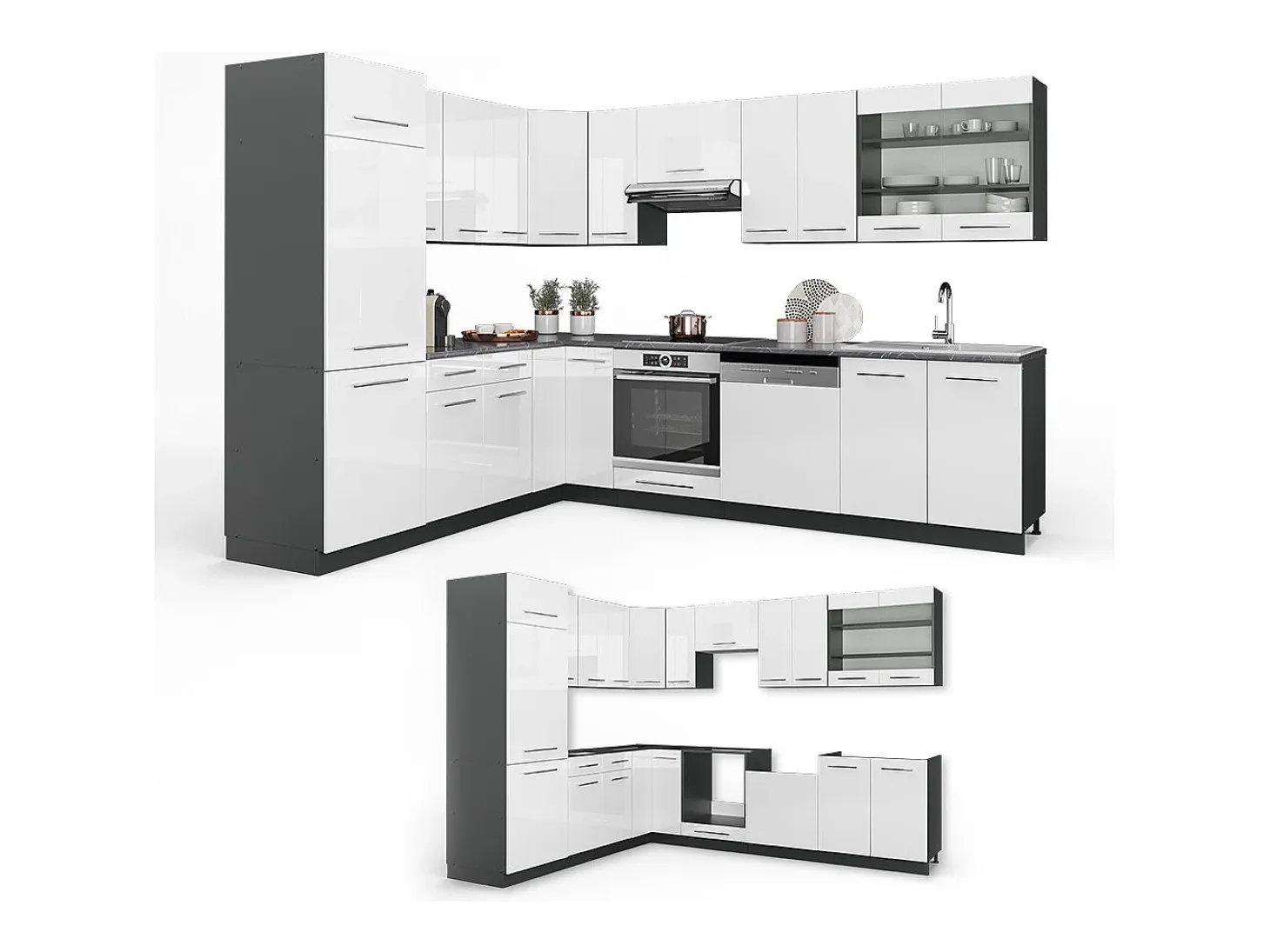 Cocina esquinera blanco brillo/antracita 287x46x81.6 fame-line