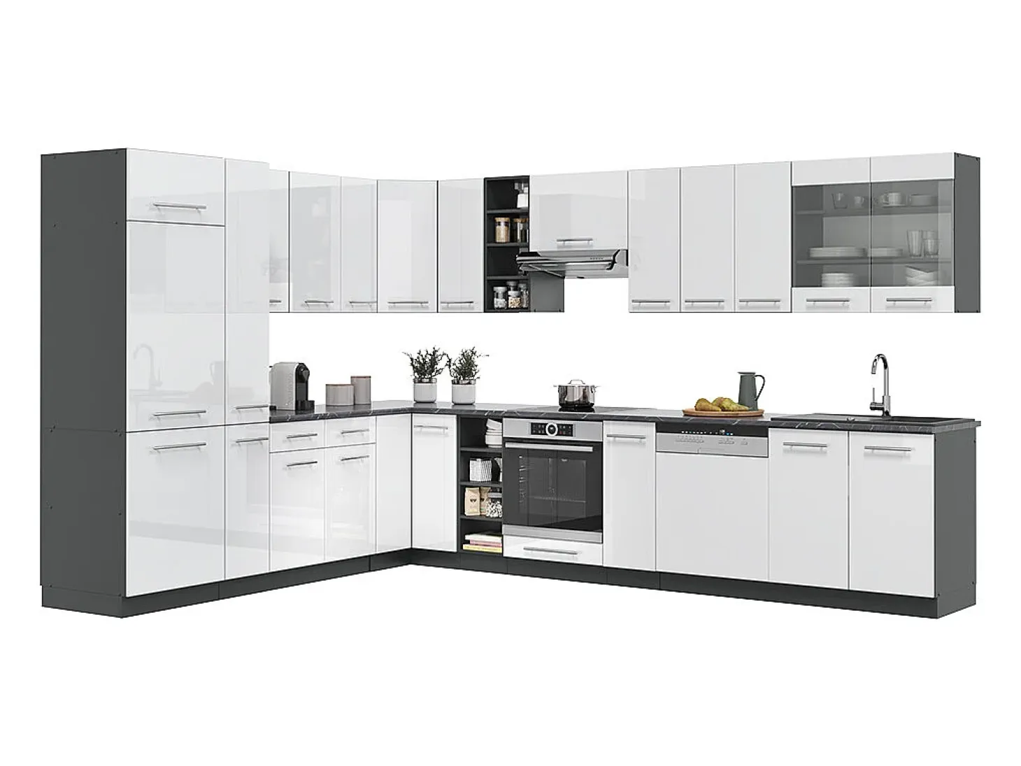 Cocina esquinera blanco brillo/antracita 347x46x81.6 fame-line