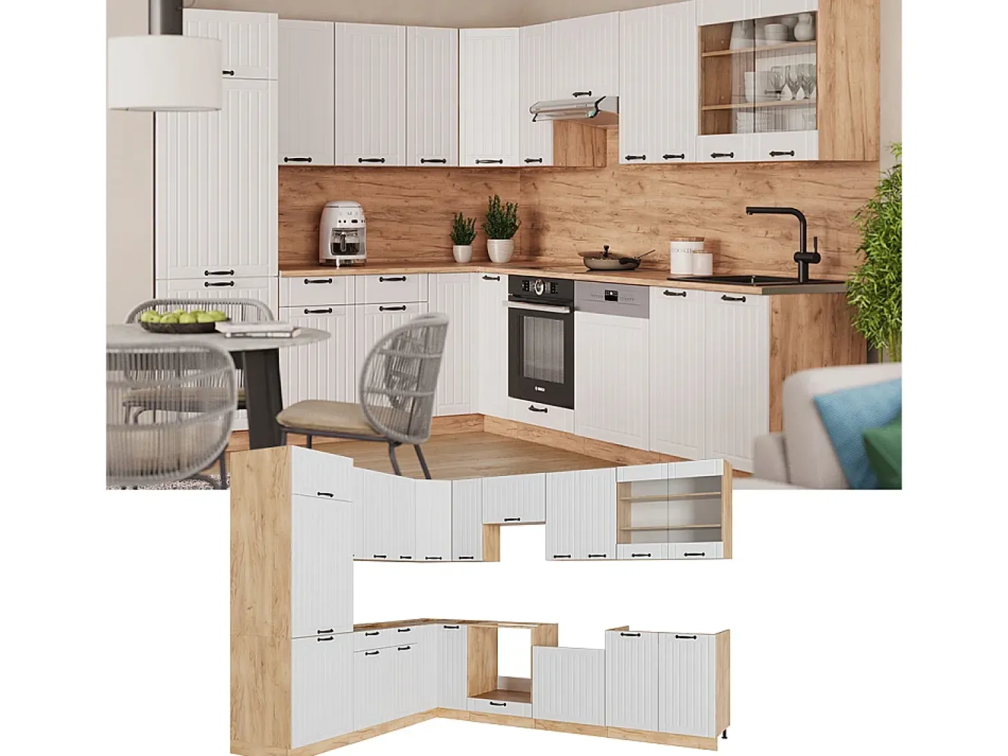 Cocina esquinera blanco casa de campo 287x60x81.6 fame-line