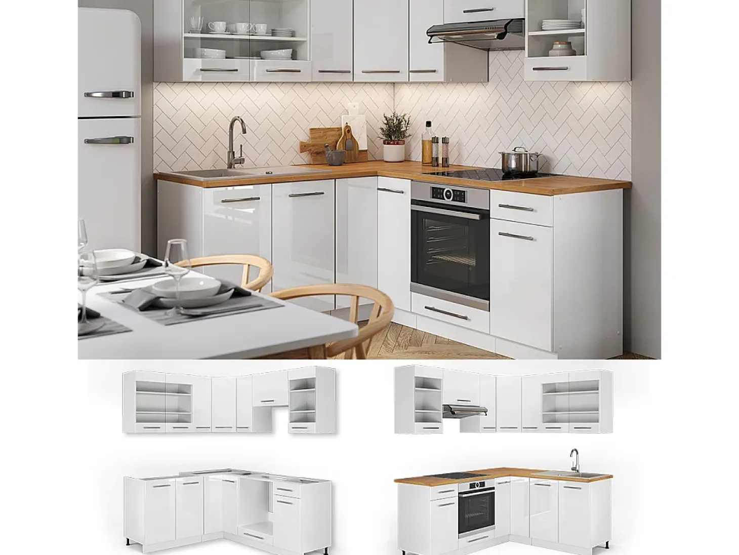 Cocina esquinera blanco/blanco alto brillo 190x46x81.6 fame-line
