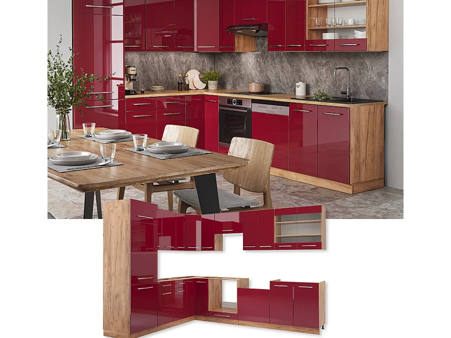 Cocina esquinera burdeos brillo intenso/roble dorado 227x60x81.6 fame-line