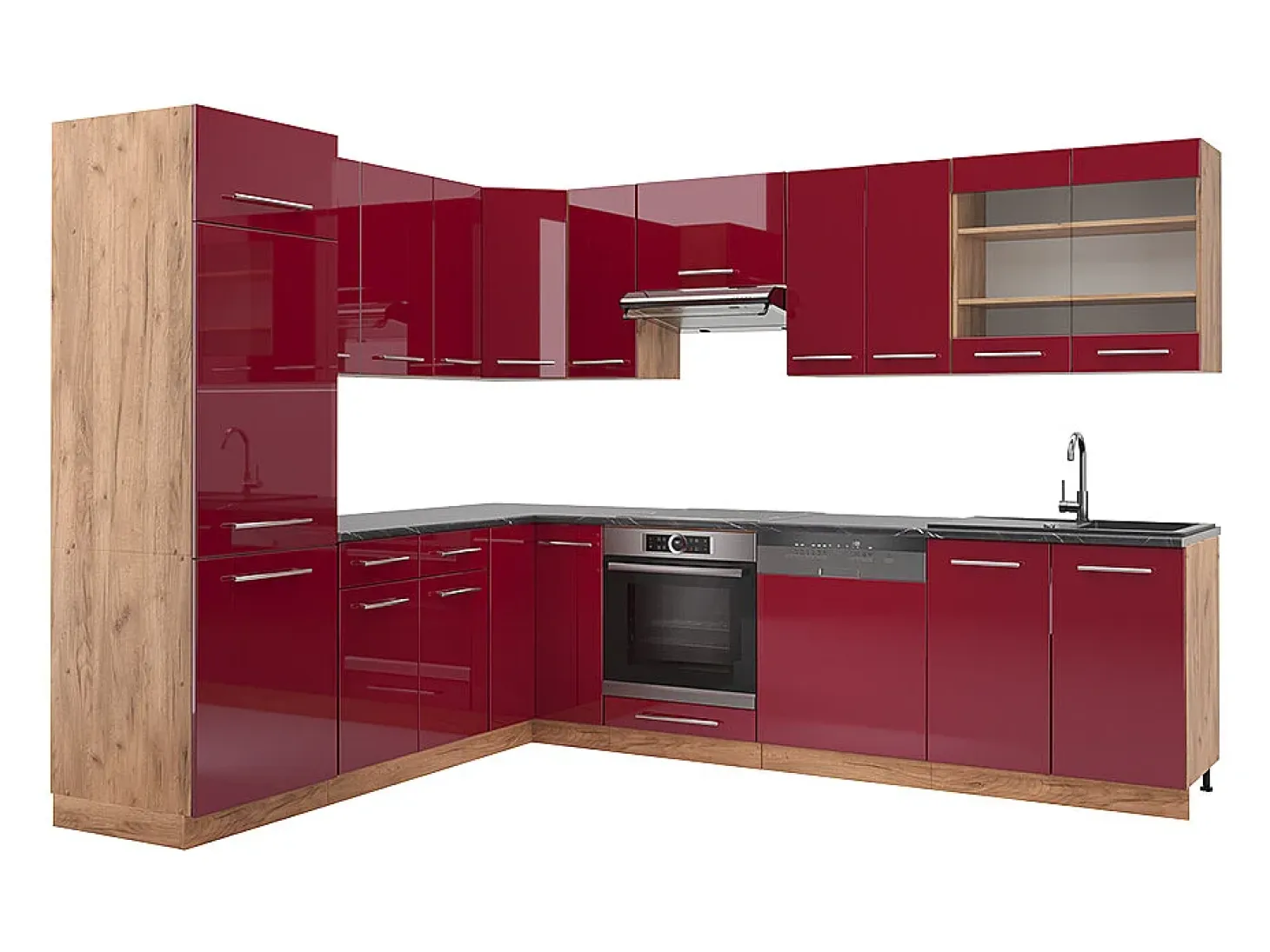 Cocina esquinera burdeos brillo intenso/roble dorado 227x60x81.6 fame-line