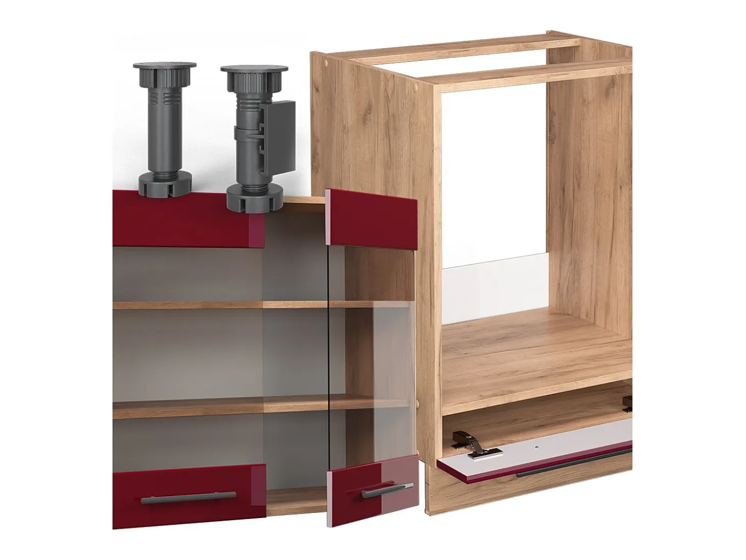 Cocina esquinera burdeos brillo intenso/roble dorado 227x60x81.6 fame-line