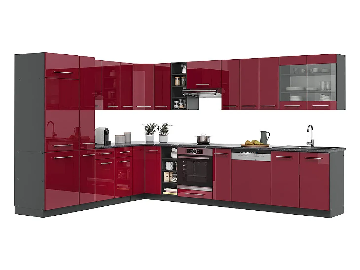 Cocina esquinera burdeos brillo intenso/antracita 347x60x81.6 fame-line