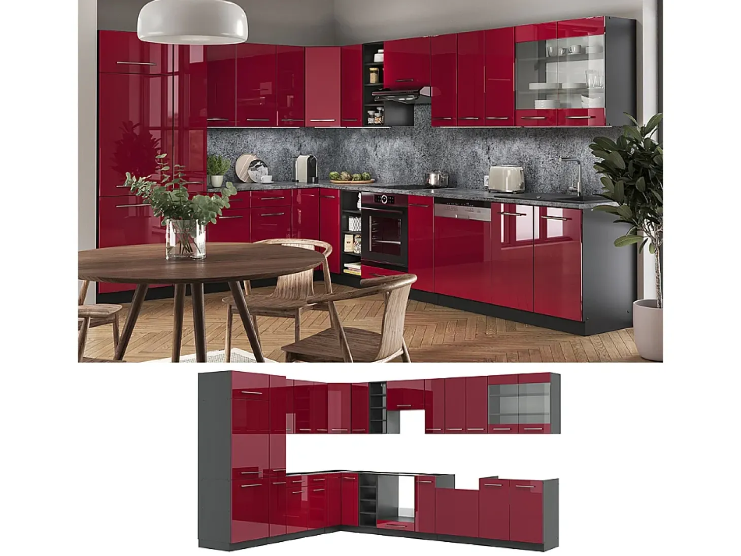Cocina esquinera burdeos brillo intenso/antracita 347x60x81.6 fame-line