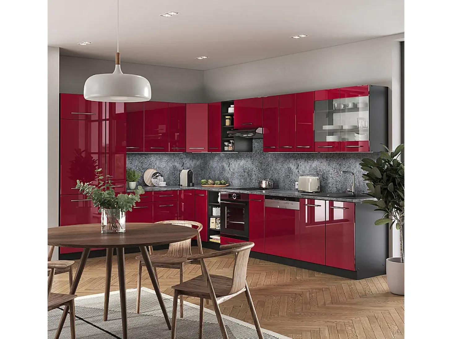 Cocina esquinera burdeos brillo intenso/antracita 347x60x81.6 fame-line