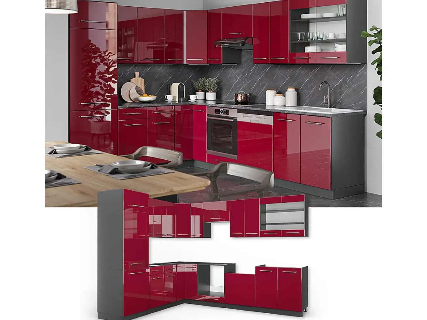 Cocina esquinera burdeos brillo intenso/antracita 287x46x81.6 fame-line