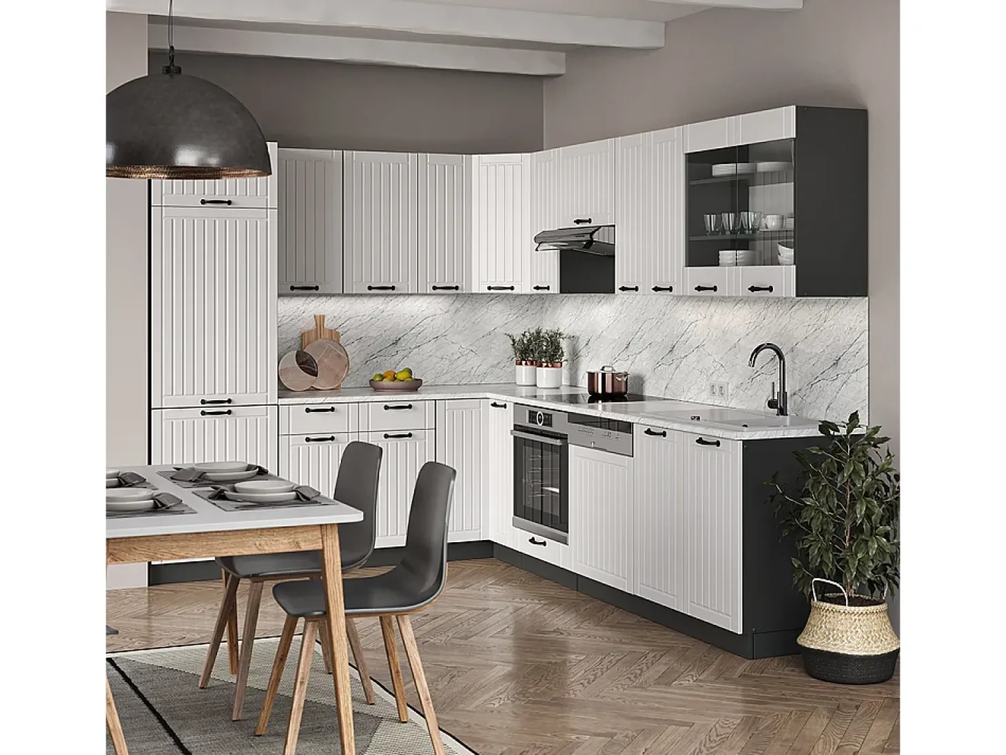 Cocina esquinera casa de campo blanca/antracita 287x60x81.6 fame-line