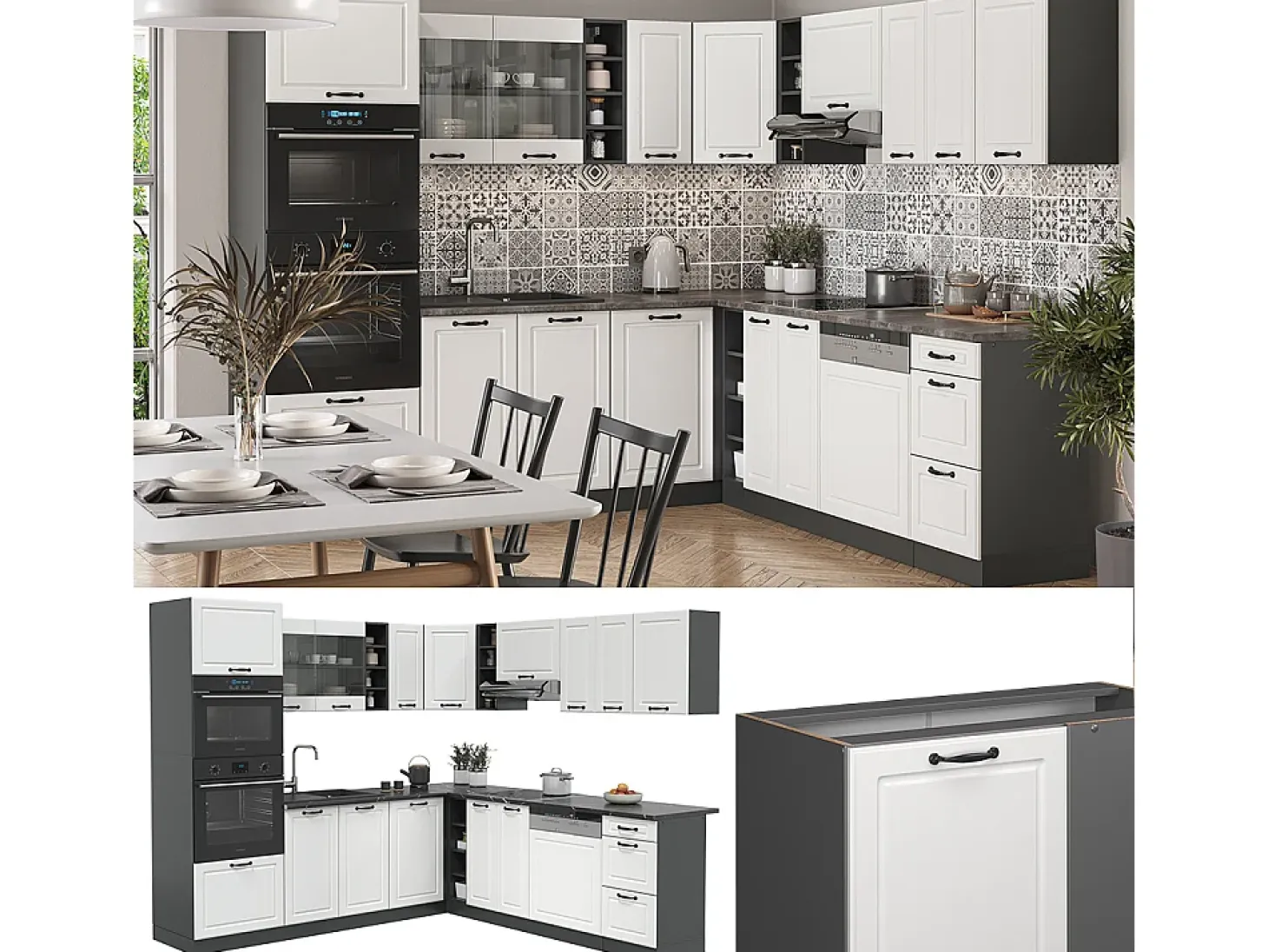 Cocina esquinera casa de campo blanca/antracita 247x60x81.6 r-line