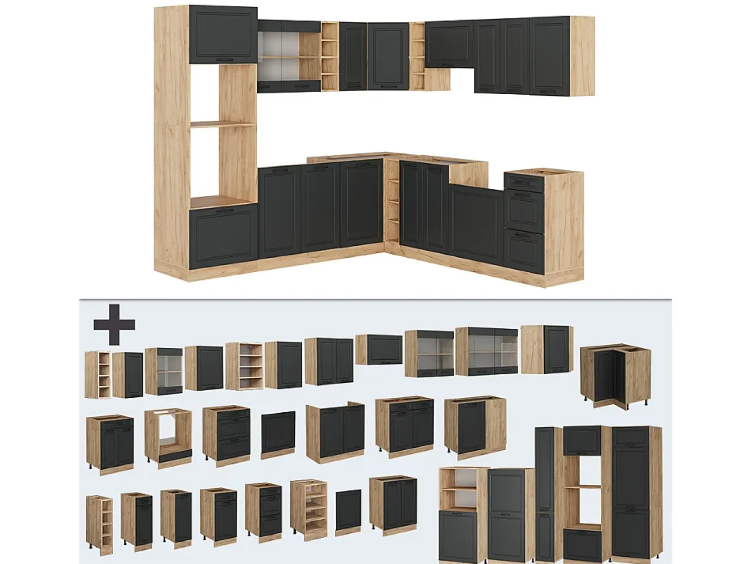 Cocina esquinera casa de campo antracita/roble dorado 247x60x81.6 r-line