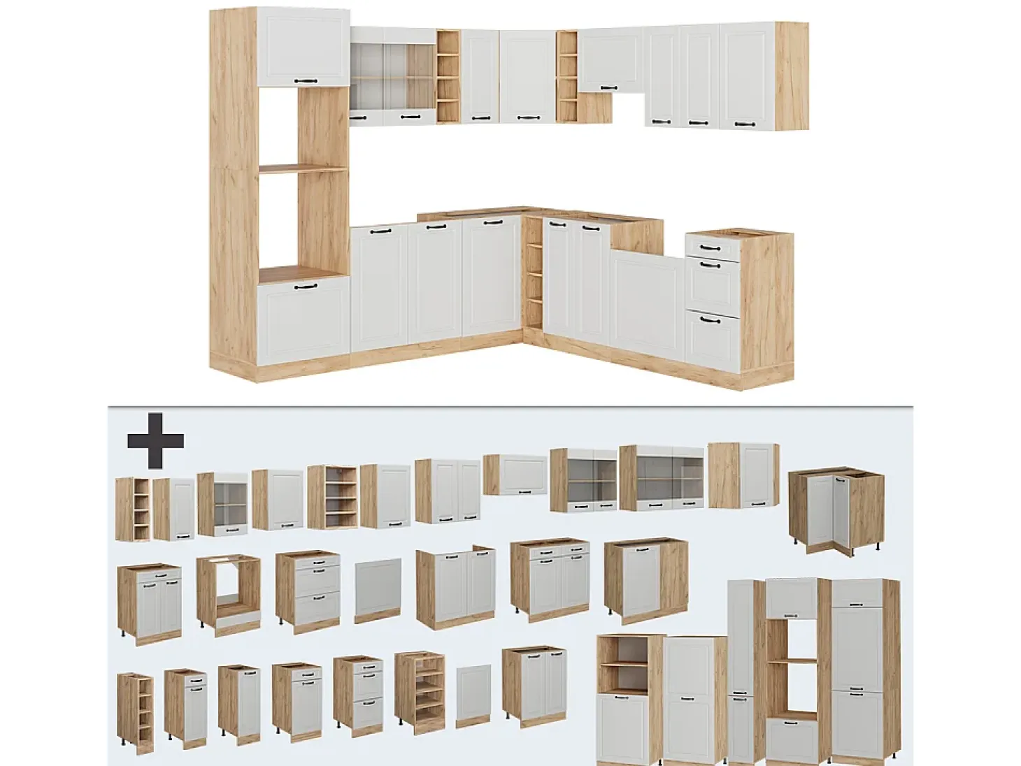 Cocina esquinera casa de campo blanca/roble dorado 247x60x81.6 r-line