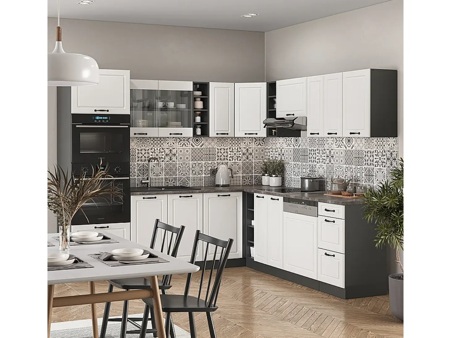 Cocina esquinera casa de campo blanca/antracita 247x60x81.6 r-line