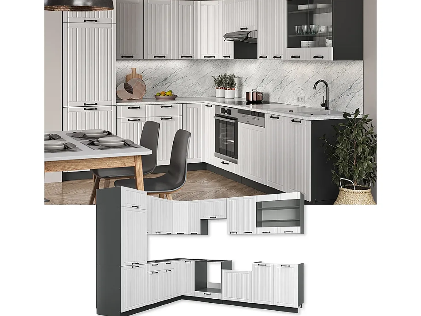 Cocina esquinera casa de campo blanca/antracita 287x60x81.6 fame-line