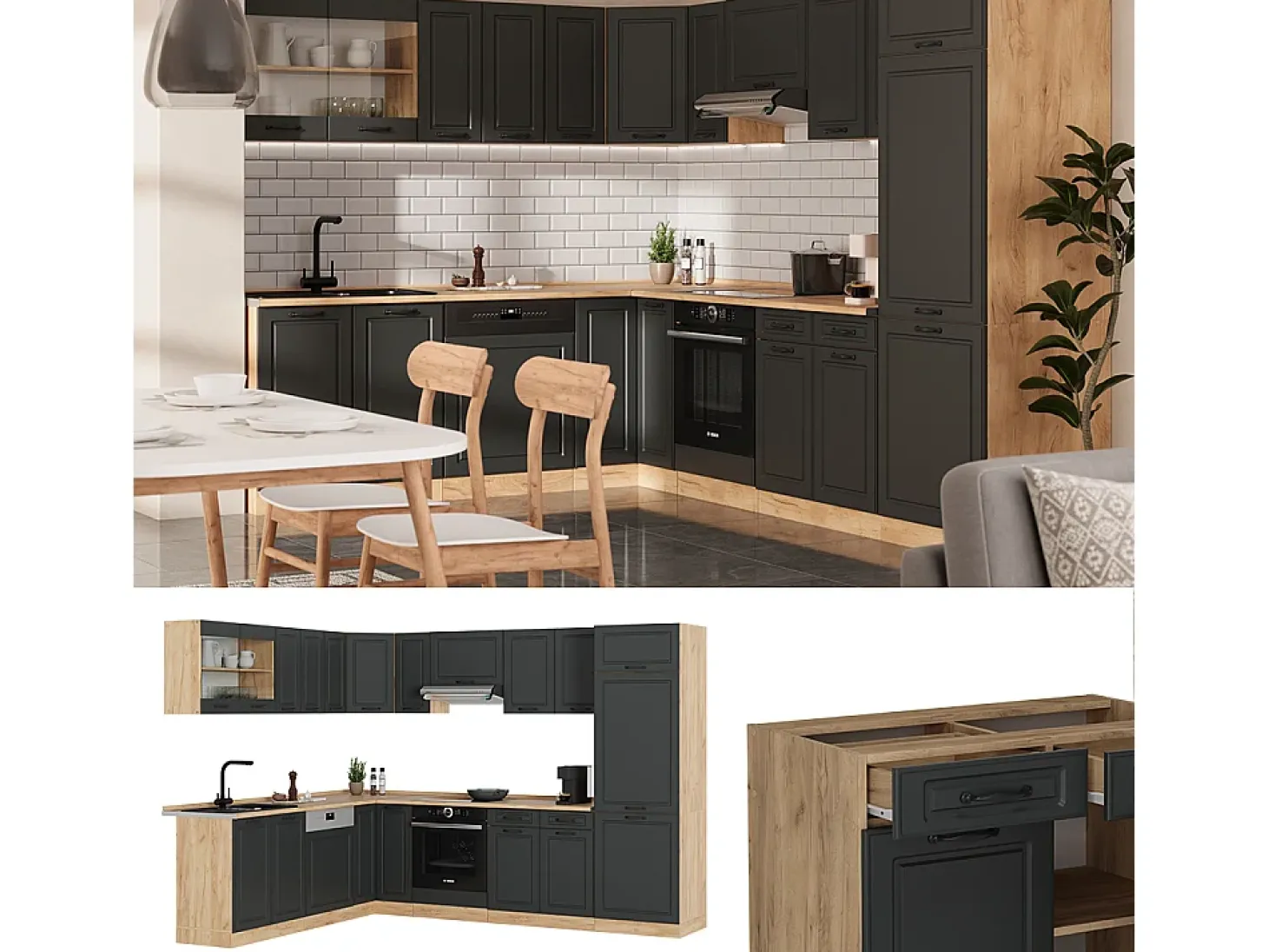 Cocina esquinera casa de campo antracita/roble dorado 287x46x81.6 r-line