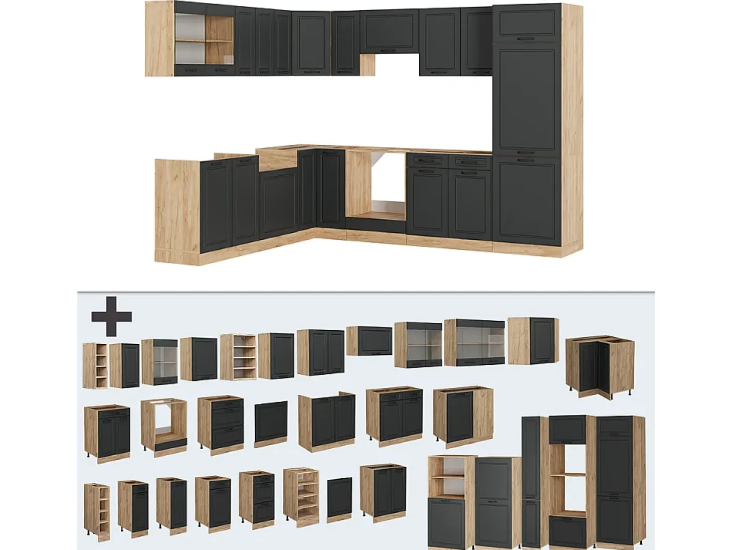 Cocina esquinera casa de campo antracita/roble dorado 287x46x81.6 r-line