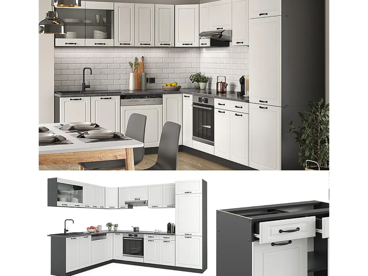 Cocina esquinera casa de campo blanca/antracita 287x60x81.6 r-line