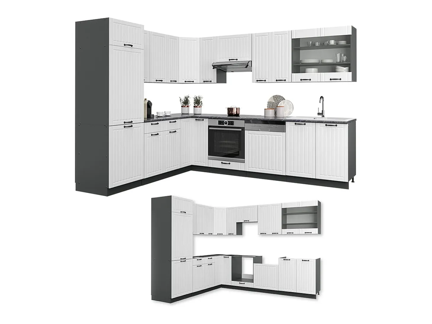Cocina esquinera casa de campo blanca/antracita 287x46x81.6 fame-line